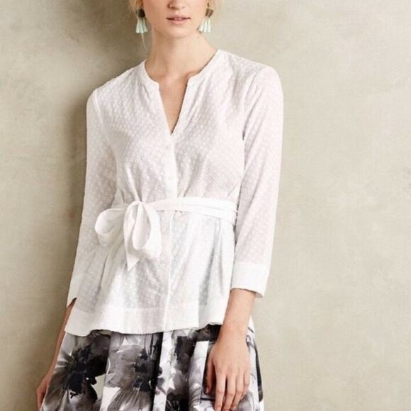 Anthro HD in Paris White Tie Waist Blouse - Picture 1 of 8